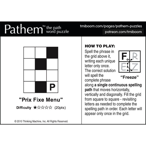 Pathem Puzzle: "Prix Fixe Menu"