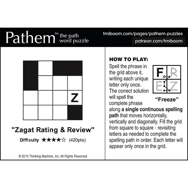 Pathem word puzzle "Zagat Rating & Review"